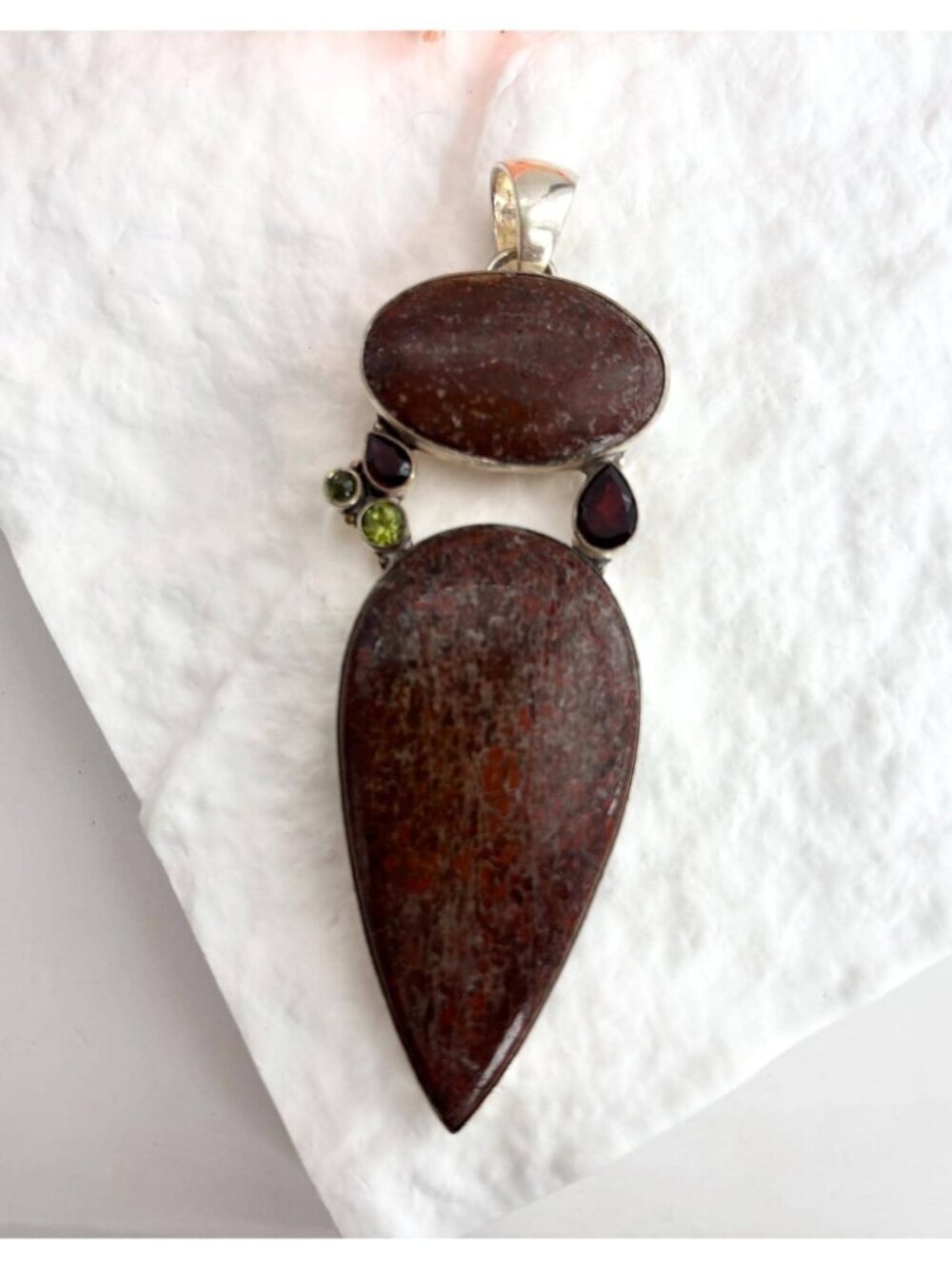 Brown Agate Teardrop Vintage Jumbo Peridot & Garnet Sterling Silver 925 Pendant